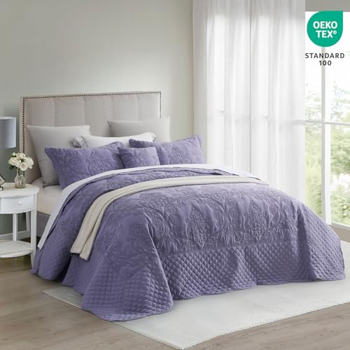 Image of CHIXIN Bedspread Coverlet Quilt Set Full Size - Lightweight Bedding Cover - Beautiful Stitching - 5 Piece Reversible Bedspread - Luxury Damask Paisley Pattern (Full, Lavender)