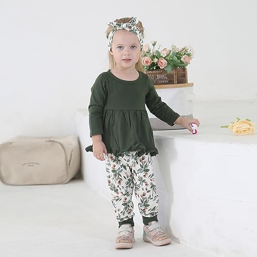 Image of Toddler Baby Girl Clothes Solid Color Long Sleeve Ruffle Tops Pants Headband Outfits Set
