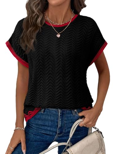 Dokotoo Womens Summer Tops Casual Short Sleeve Wavy Crochet Crewneck Color Block Lightweight Knit Loose Pullover Sweaters