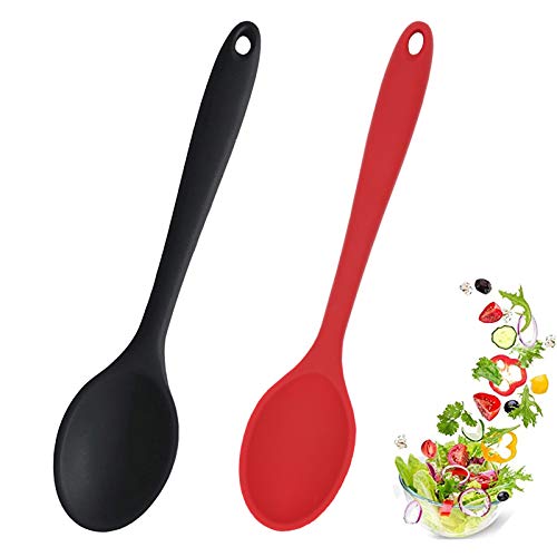 2 Pcs Silicone Spoons for Cooking Heat Resistant, Hygienic Design Cooking Utensi Mixing Spoons for Kitchen Cooking Baking Stirring Mixing Tools (Black and Red)