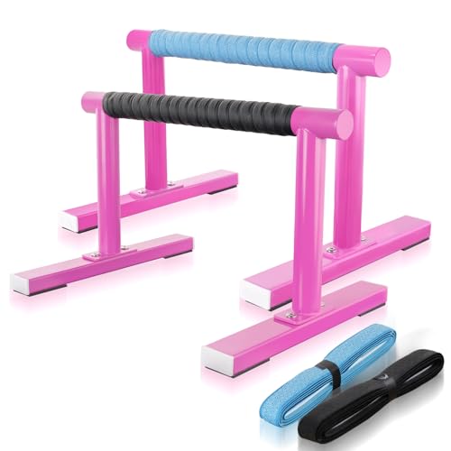 Purife Pink Strength Training Parallettes Push Up Bars, Pushup Handles Calisthenics Equipment for Home Workout, Anti-slip Gymnastics Bars, Handstand & Dip Bar for Outdoor Exercise