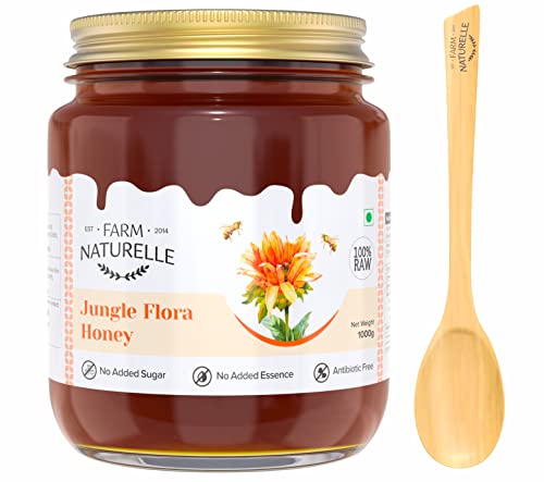 Image of Farm Naturelle Jungle Flower Wild Forest Honey 850gm + 150gm Extra|100% Pure Honey | Raw & Unfiltered|Unprocessed|Lab Tested Honey In Glass Jar with Engraved Virgin Wooden Spoon
