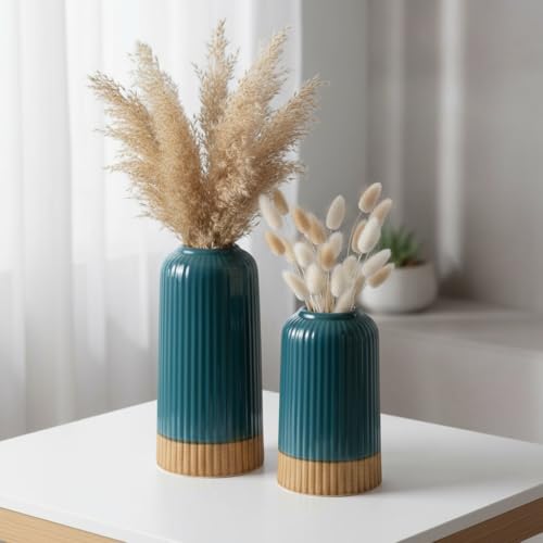 Image of PUREZENTO 'EmeraldDuo' Ceramic Ribbed Vase 6 & 8 Inch - Set of 2 | Decorative Ribbed Vase for Dried Flowers & Pampas Grass | Centerpiece Vases for Modern Home Decor, Living Room, Office Decor Ideas
