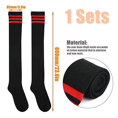 1 Pair Thigh High Socks, Cotton Soft Knee High Long Stockings Women Leg Warmers for Wednesday Cosplay (Main Black, Red Stripe)2