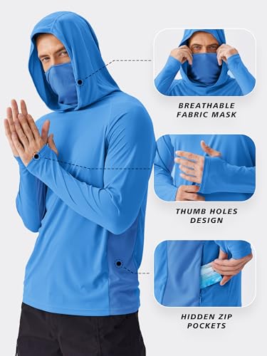 Image of PINSPARK Men's Sun Protection Hoodie with Mask UPF 50+ UV Long Sleeve Shirt Men Rash Guard Performance Fishing Hiking Shirt