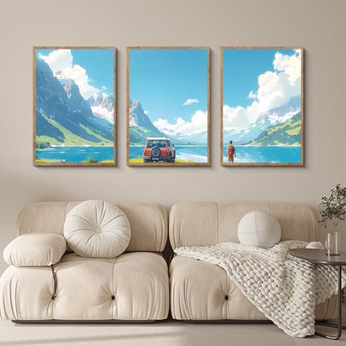 阪画屋 アートパネル アートボード ポスター 玄関 壁画 壁掛け 壁飾り 部屋飾り 飾り絵 絵 絵画 油絵 ソファの背景画 インテリア 現代 モダン フレーム 額付き 木枠付きの完成品 木目調 キャンバス 風水 風景画 プレゼント ギフト 30×40×3枚 [2]