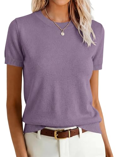 Image of ANRABESS Womens Short Sleeve Sweaters Wool Blend Crew Neck Sweater Shirts Business Casual Work Tops 2026 Summer Outfits