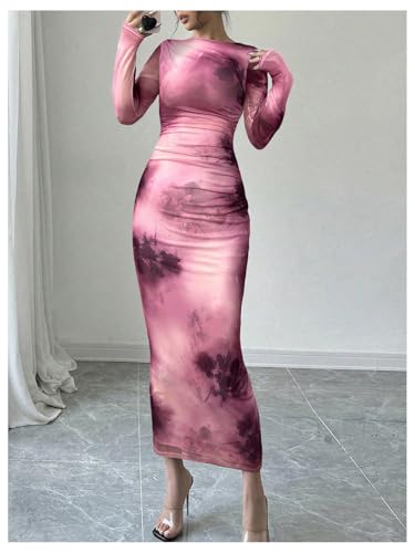 Image of Milumia Women's Tie Dye Boat Neck Long Sleeve Fall Dress Ruched Bodycon Maxi Slimming Dresses Cocktail Party