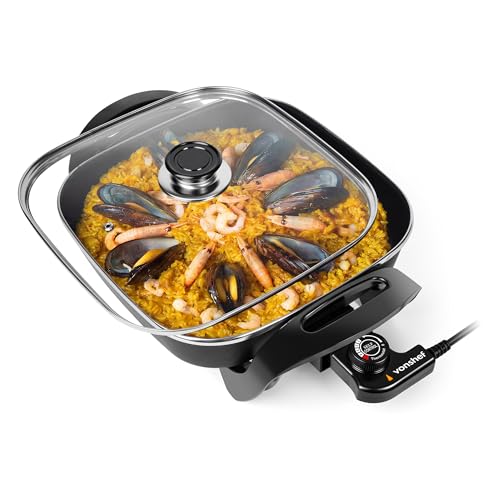 VonShef Electric Frying Pan 5L 30cm Multi Cooker Non-Stick Electric Skillet with Glass Lid & Adjustable Temperature Easy Clean Cool Touch Handles & Detachable Power Cable for Serving 1500W