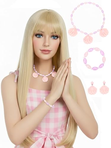 ZGXYZXMY Blonde Wig With Bangs for Women Golden Blonde Long Straight Blonde Wigs with Necklace Earrings Bracelet