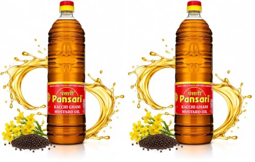 Image of Pansari Kacchi Ghani Mustard Oil 900ml | Cold Pressed & Naturally Extracted | Fortified with Vitamin A & D | Rich in Omega 3 & 6 | Ideal for Cooking, Skin & Hair Care (900-ML) (Pack of 2)