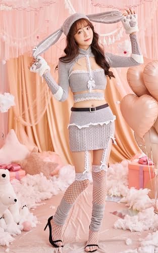 [Malymoon] ニット アニマル グレー ピンク たれ耳 うさぎ バニー コスプレ衣装 ハロウィン コスプレ かわいい セクシー コスチューム 衣装 仮装 マリームーン 11点セット【9644】 詳細画像3