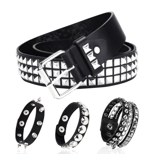AKINSTER Nietengürtel, 4-Teiliges Set Studded Belt Nietenarmband Nietengürtel Damen und Herren Y2K Gürtel Punk Rock Accessoires für 80er-Jahre Party Halloween Weihnachten Unisex