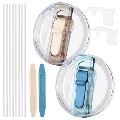 Image of 2 Pack Leak Proof Lid for 40oz Stanley H2.0 Quencher, No Spill Lids Replacement 40oz for Stanley ProTour, with Removable Nozzle (Cream+Blue)