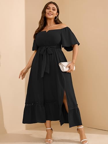 RWJ Women's Plus Size Dress for Cocktail Wedding Guest Formal V Neck Off The Shoulder Maxi Dress with Belt2