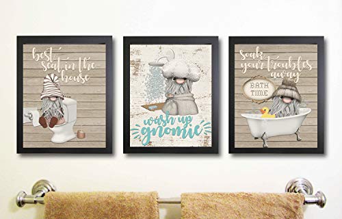 Silly Goose Gifts Gnome Bathroom Themed Art Print Design Wall Room Home Decor Set (Wash Up Gnomie)
