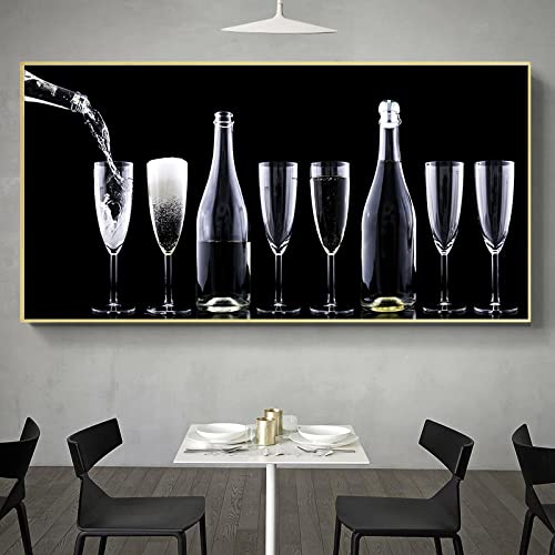 Photos vin verre toile mur art moderne peinture champagne bouteille noir 30x60 cm