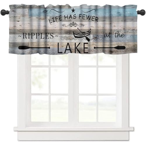 moderw Lake Life Valance Curtains, Inspirational Quotes Print Retro Lakeside Cabin Fishing Camping Window Treatments Valance for Farmhouse Kitchen Bedroom Living Room 54x18inch
