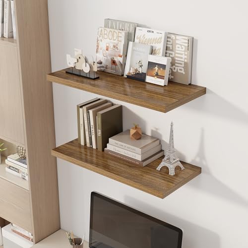 Image of Dreamland 30 inch Floating Shelves for Wall, 12 inch Deep Slim Walnut Floating Shelves, Wall-Mounted Shelves for Bedroom, Living Room, Kitchen, Bathroom - Set of 2