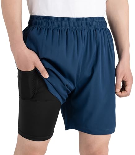 TLAENSON Boys Athletic Shorts with Compression Liner, Kids 2 in 1 Quick Dry Basketball Running Shorts with Pockets Navy Blue US Size 14-16/Size 160