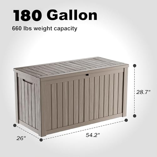 DRATO 180 Gallon Outdoor Storage Box, Large Waterproof Deck Box, Lockable Resin Storage Container with Reinforced Support for Patio Cushions, Garden Tools, UV-Resistant Outdoor Chest（Gray，180 Gallon）