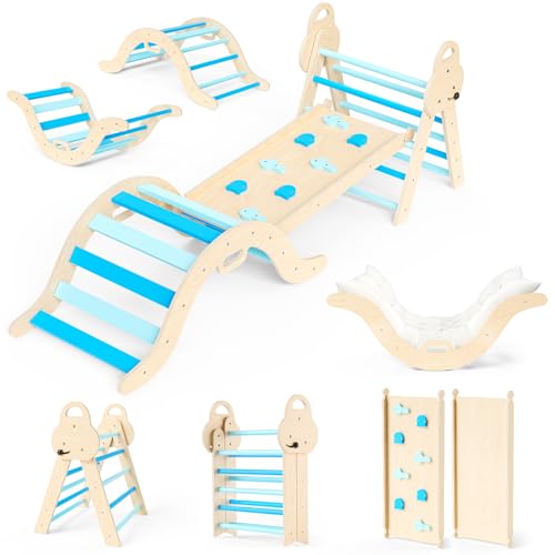 7 en 1 Marco de escalada para niños, juguete de escalada interior plegable, juego de escalada de madera Montessori con arcos, rampa y escalera, área de juegos de interior (azul)