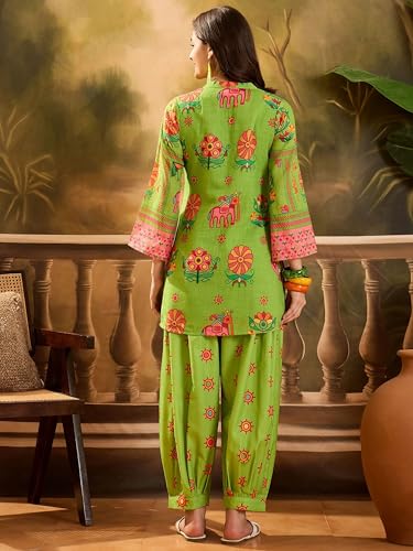 Image of EthnicJunction Women's Linen Floral Print Summer Wear Straight Short Kurti with Afghani Pant Set | Co Ord Set for Women Stylish | Fusion wear Women