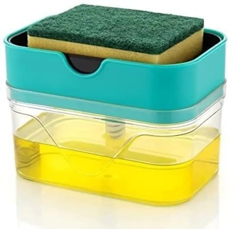 - 2-in-1 Dish Soap Dispenser with Sponge – Kitchen Soap Pump Dispenser for Sink with Storage, One-Hand Operation, Leak-Proof Design, Ideal for Home, Restaurant & RV Use (Includes Sponge)