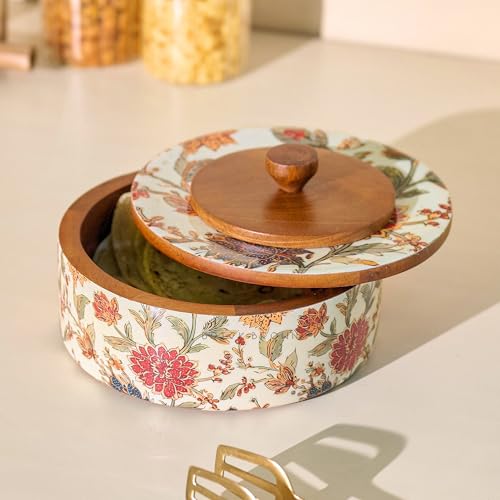 Image of Brick Brown Bela Wooden Roti Box with Lid | Solid Wood Chapati Box for Kitchen & Dining | Designer Roti Casserole /Roti Hot Pot Case | Handmade Roti Dabba Serveware | Roti Container (8x8x4.2 Inch)