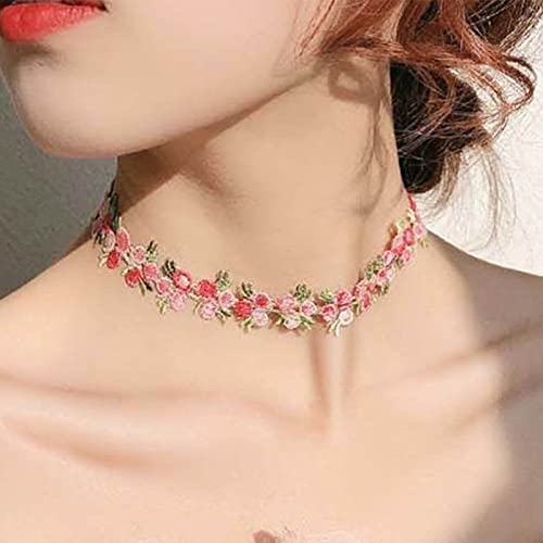 Sttiafay Boho Flower Lace Choker Necklace Pink Rose Choker Chain Vintage Floral Choker Collar Jewelry For Women Teen Girls #TOP1