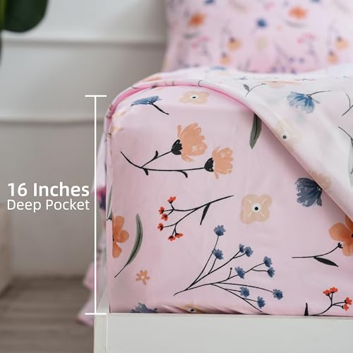 Image of Pink Queen Sheets Set Flower Bed Sheets 4 Piece - Pink Botanical Patterned Sheets Microfiber Bedding Decor - Breathable & Durable Queen Sheet Set Up to16 Inches Deep Pocket Queen Bed Sheets