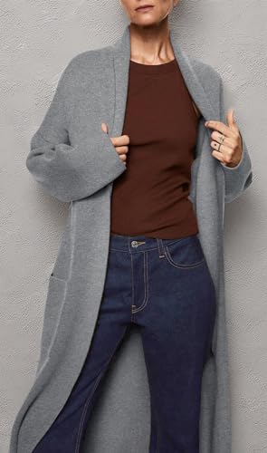 Image of Womens Long Sleeve Maxi Cardigan Open Front Oversized Knitted Sweater Coat Casual Lapel Warm Overcoat with Pockets