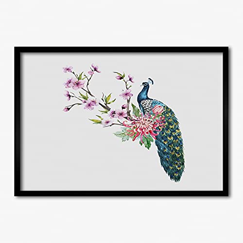 Tableau moderne paon et fleurs dans son cadre en bois Tulup 70x50 pour salon