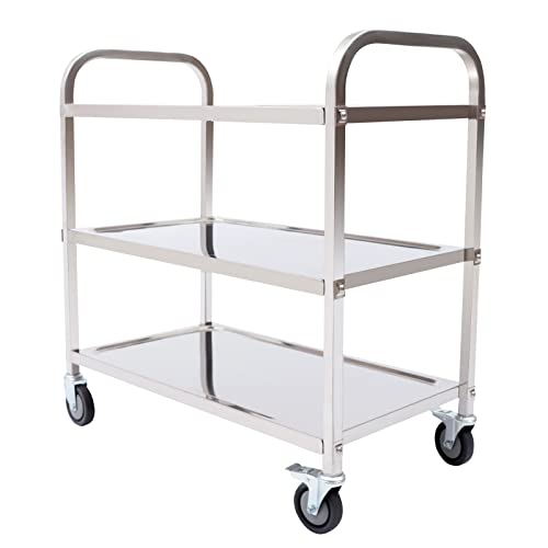 Levkitch Mesa de trabajo de acero inoxidable con ruedas, 3 estantes, carro de cocina, carrito de transporte para restaurante, hotel, escuela, carrito de hogar
