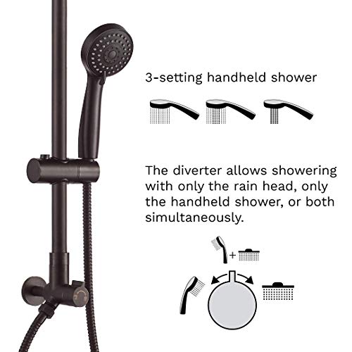 Fennocasa Polaris 3 Pl303-18 Retrofit Rain Shower System, 3-Setting Handheld Shower Combo With Slide Bar, 8" Low Profile Shower Head (1.8 Gpm Oil-Rubbed Bronze) #TOP1