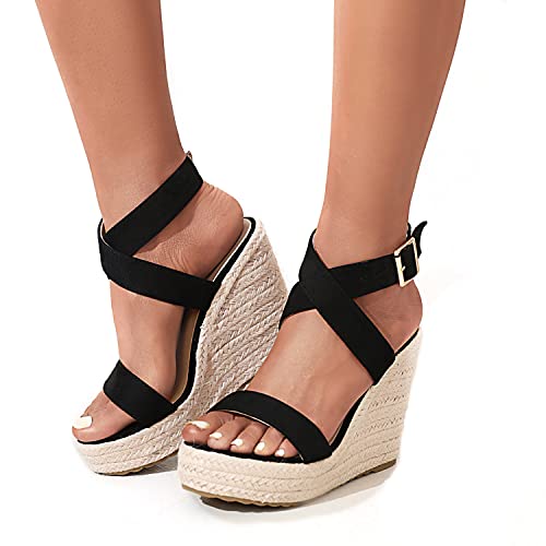 Women's High Heel Platform Espadrille Wedge Sandals Open Toe With Faux Leather Upper Cross Ankle Adjustable Buckle Strap Non Slip Soles3