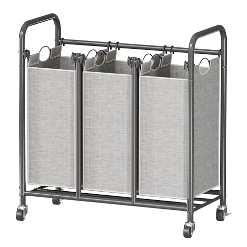 HOMEIJU 3-Bag Laundry Sorter, Laundry Hamper Cart with Heavy Duty Rolling Lockable Wheels and...