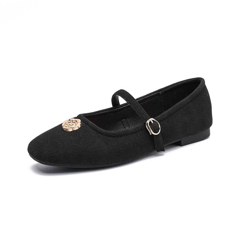 Closed Square Toe Flat Mary Jane Shoes for Women Daily Dress Faux Suede Flats with Gold Flower Womens Casual Soft Walking Office Slip On Ballerina Shoes