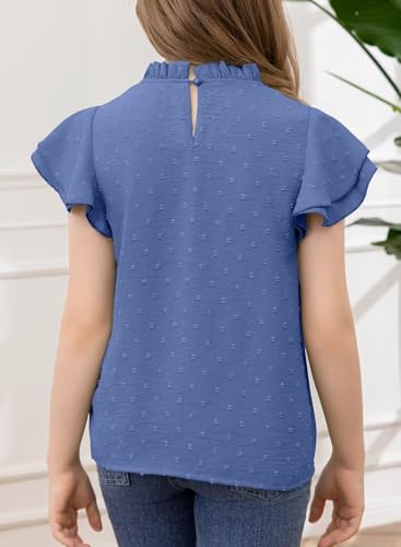 Image of DOKOTOO KIDS Girls Tops Short Sleeve Shirts Summer Blouse Size 6-15 Years | None Elastic Fabric, Ruffle Sleeve, Swiss Polka Dot, Smocked, Crew Neck, Key Hole Back, Dress Spring Outfit, Casual Tee