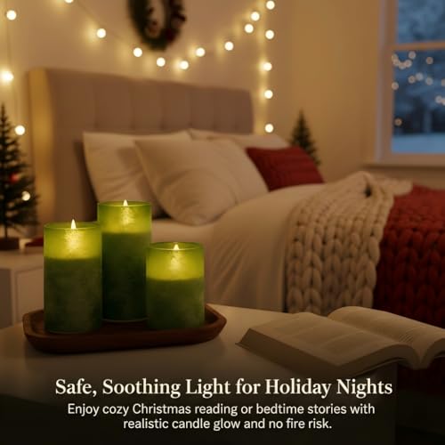 ANGELLOONG Green Flameless Candles with Remote, Glass Battery Operated LED Pillar Candles Flickering for St. Patrick's Day Christmas Home Decor, Set of 3