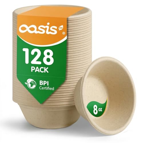 OasisSN 8 oz 128-Pack Compostable Paper Bowls Small Disposable Dessert & Snack Bowls Heavy-Duty Bagasse Bowls for Ice Cream Sauce & Kids Meals Microwave & Freezer Safe Eco-Friendly (Natural)