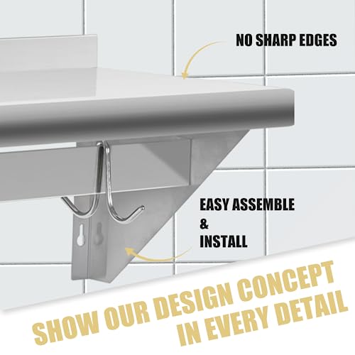 Image of Hally Stainless Steel Shelf with 4 Hooks 12 inch x 24 inch Wall Mounted Pot Rack, NSF Commercial Floating Shelving for Storage Hanging Pots, Pans, cookware in Restaurant, Kitchen, Home and Hotel