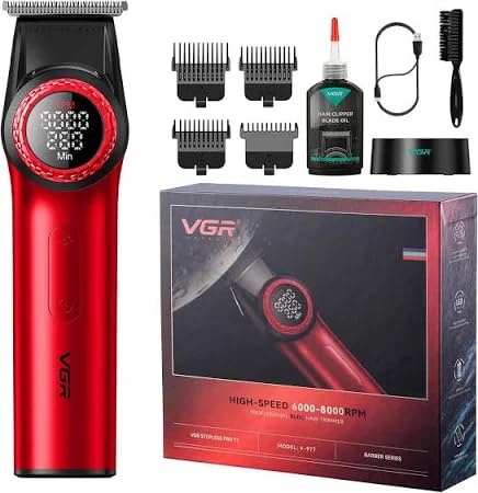 VGR V-977 Professional Men’s Hair Trimmer for Men with 300min Long Runtime | 2500mAh Lithium Battery | Stepless 21-Speed Control with 8000 RPM Powerful BLDC Motor | LED Display (Red)