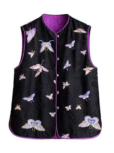 Gilet en soie Xiangyunsha noir brodé main | Élégance papillon de luxe