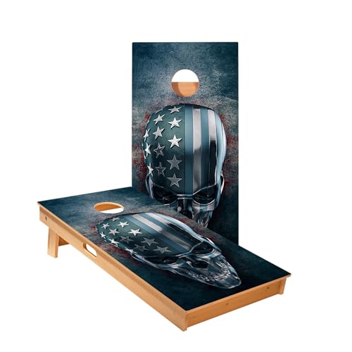 USA Skull Cornhole Boards - Includes (2) Boards (Resin Bags) + (1) Carry Case, (2) Hole Lights & (2) Edge Lights
