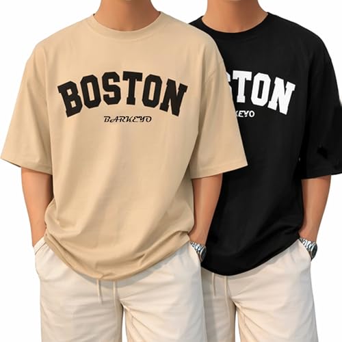 Image of BARKEYO Men's Half Sleeve Round Neck French Terry Graphic Print Oversized Tshirt for Man (Boston-ft) Pack of 2 (in, Alpha, XL, Regular, Red)