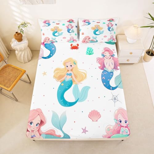 Image of jejeloiu Mermaid Bed Sheets Set Full Size Mermaid Tail Deep Pocket Fitted Sheet Sea Animal Bedding Sets Ocean Theme Soft Bed Set 4Pcs with 2 Pillow Cases