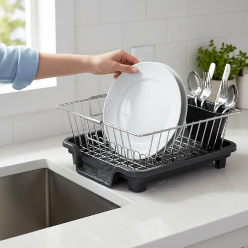Image of Premium Stainless Steel Dish Rack for Kitchen | Dish Drying Rack with Draining Tray & Cutlery Holder | Space Saving Utensil Stand | Bartan Organizer Basket with Handle