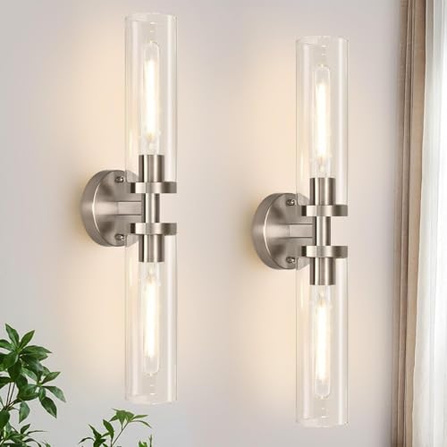 Wall Sconces Set of Two, Hardwired Brushed Nickel Bathroom Sconces Wall Lighting with Clear Glass...
