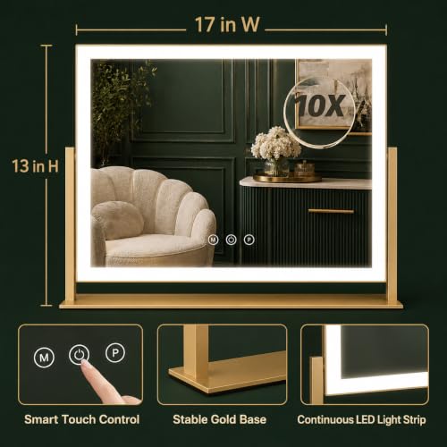 Image of FENNIO Vanity Mirror with Lights 13'' x 17'' Makeup Mirror with Lights,Vanity Mirror Touch Screen with 3-Color Lighting,Dimmable,for Vanity Desk Bedroom Gold